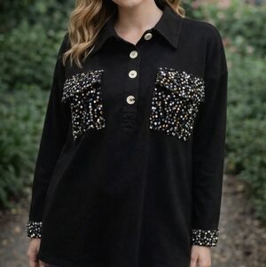 NWT White Birch Black Top with Sequin Accent